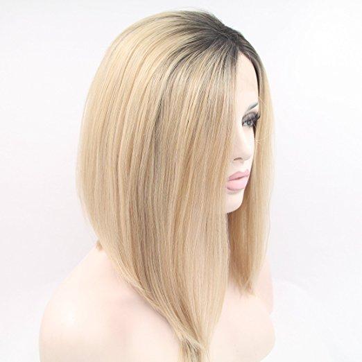 Ombre Blonde Glueless Short Bob Lace Front Wigs 2 Tone Color Heat Resistant Synthetic Hair Replacement Wig For Women Half Hand Tied - beautygiantusa.com