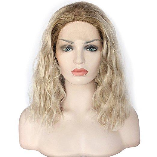 Short Platinum Blonde Bob Wig Ombre Wavy Medium Length 2 Tone Heat Resistant Synthetic Hair Replacement Wig For Women(14" Blonde) - beautygiantusa.com